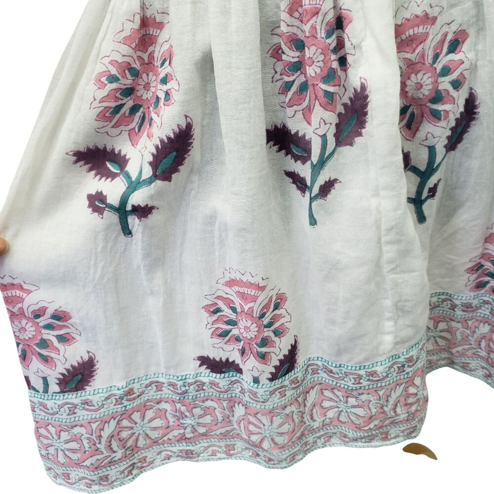 Oliphant Tie Front Balloon Sleeve Dress Pink Teal White Boho Block Print Floral - Picture 7 of 15